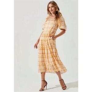 Astr the Label Plaid Midi Tiered Dress Womens Size L Yellow Orange Puff Sleeve